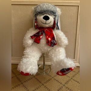 St. Jude White Teddy Bear with Snow trapper hat and plaid scarf NWT